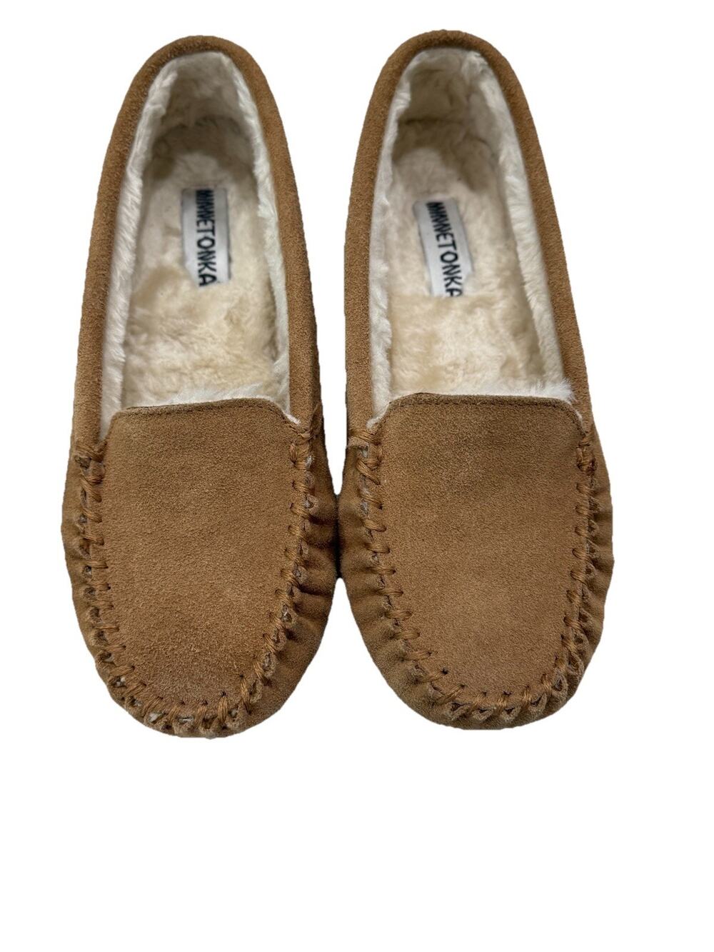 Minnetonka Men’s Tan Suede Moccasin Slippers Fleece Lined Cozy Indoor Outdoor